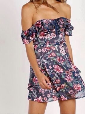 For Love & Lemons Navy Floral Cut Velvet Off-Shoulder Mini Dress